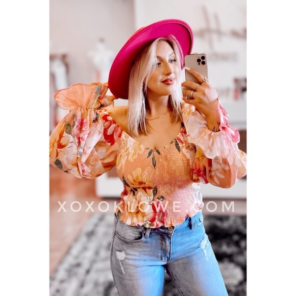 Pink & Yellow Floral Smocked Bubble Sleeve Blouse - Picture 14 of 16